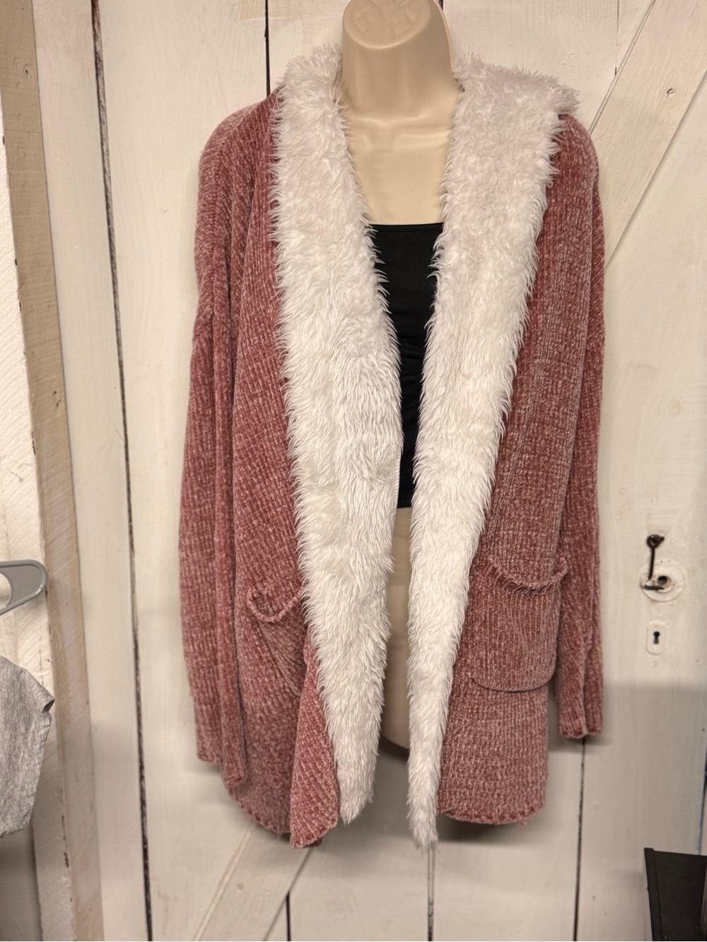Cozy Faux-Fur Trim Ribbed Cardigan Sweater - Dusty Rose